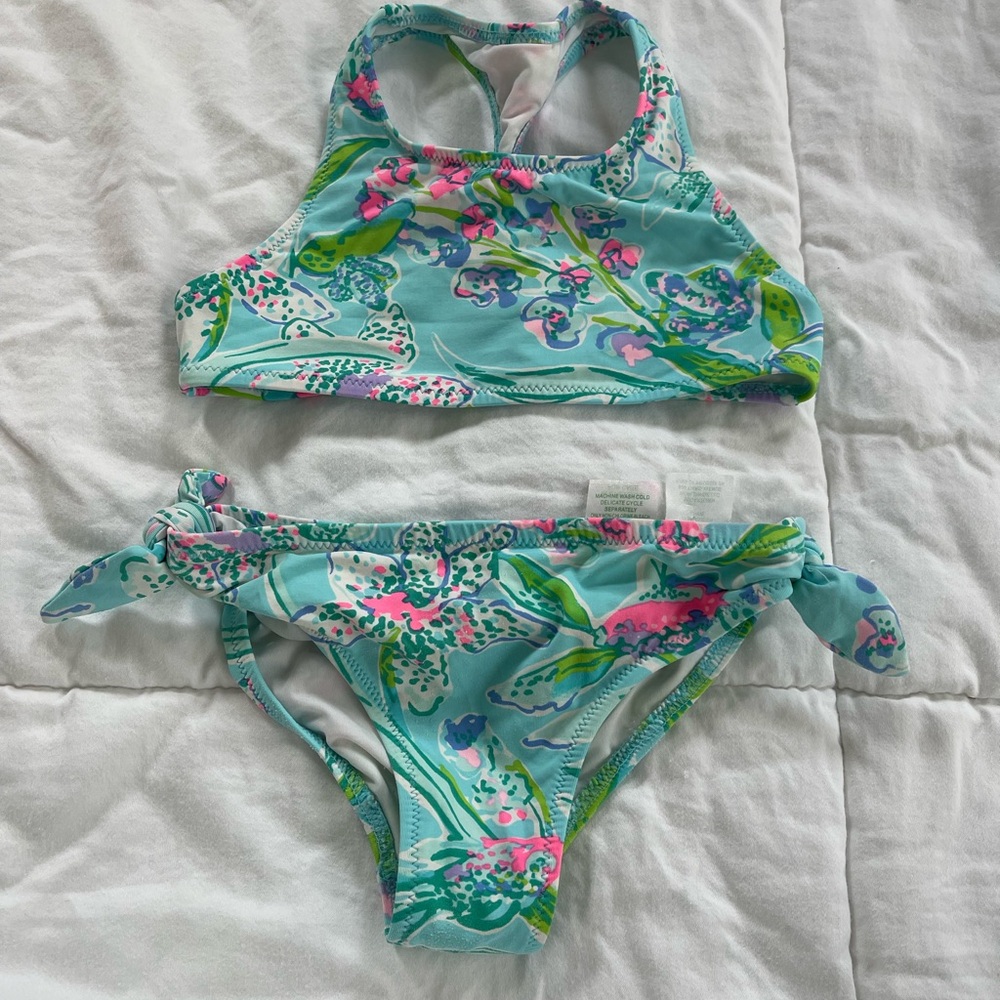 Lilly Pulitzer Girls Blue and Pink Bikini with Tropical Floral Design
